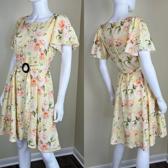 Code By Lifestyle Women’s Size 12 Yellow Floral Linen Cotton Fit & Flare Dress - Picture 1 of 16